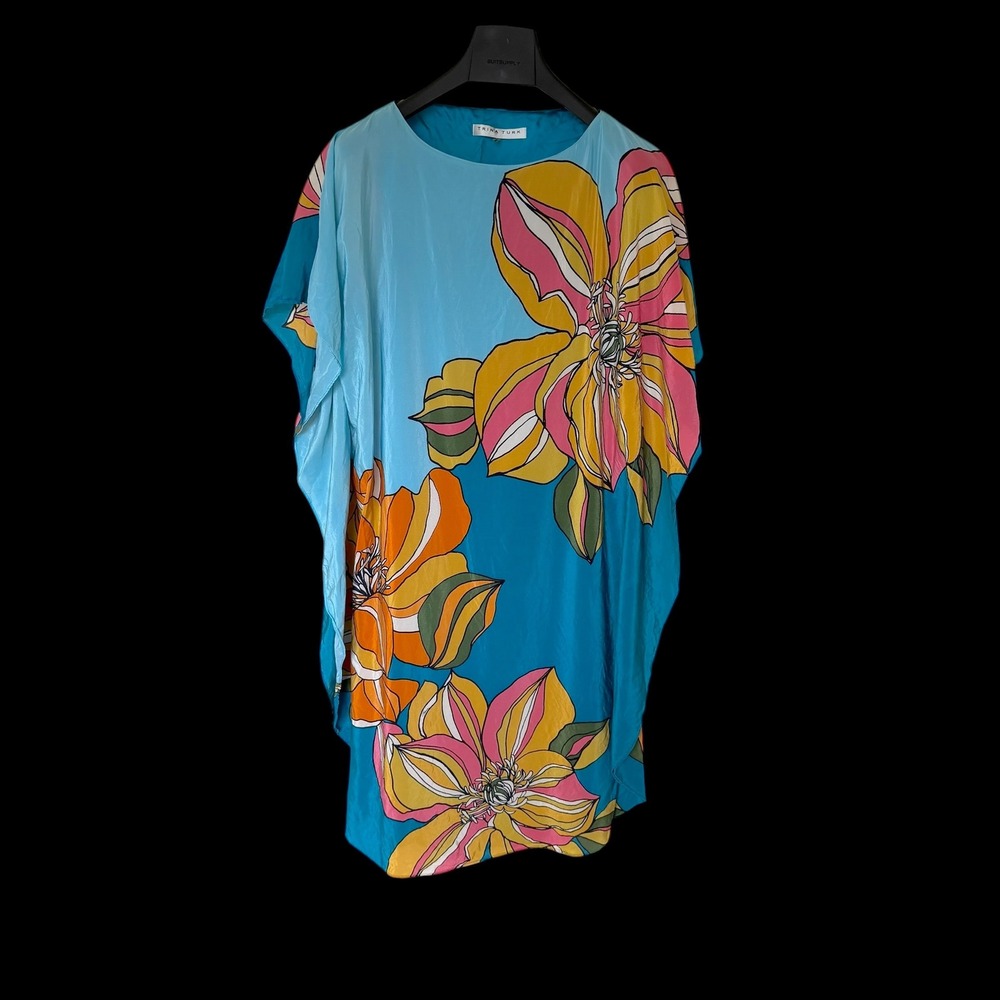 Trina Turk Silk Kaftan Dress Blue Floral Oversized Resort One Size 2204317PD1
